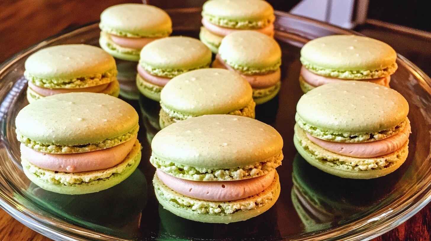 A luxurious display of French Buttercream Macarons with pastel-colored shells and silky buttercream filling, elegantly placed on a marble surface.