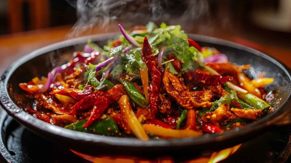 Thai Chili 101 Health Benefits, Recipes & Gardening Secrets 12 A wok stir-fry with Thai chili, garlic, and fresh vegetables, steaming hot.