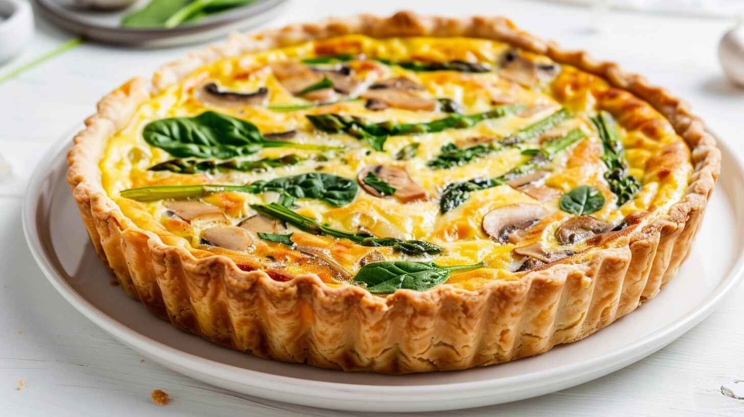 The Ultimate Spring Vegetable Quiche Recipe For A Delicious Easter Morning 12 A golden, freshly baked spring vegetable quiche on an Easter-themed brunch table with pastel decorations and fresh flowers.