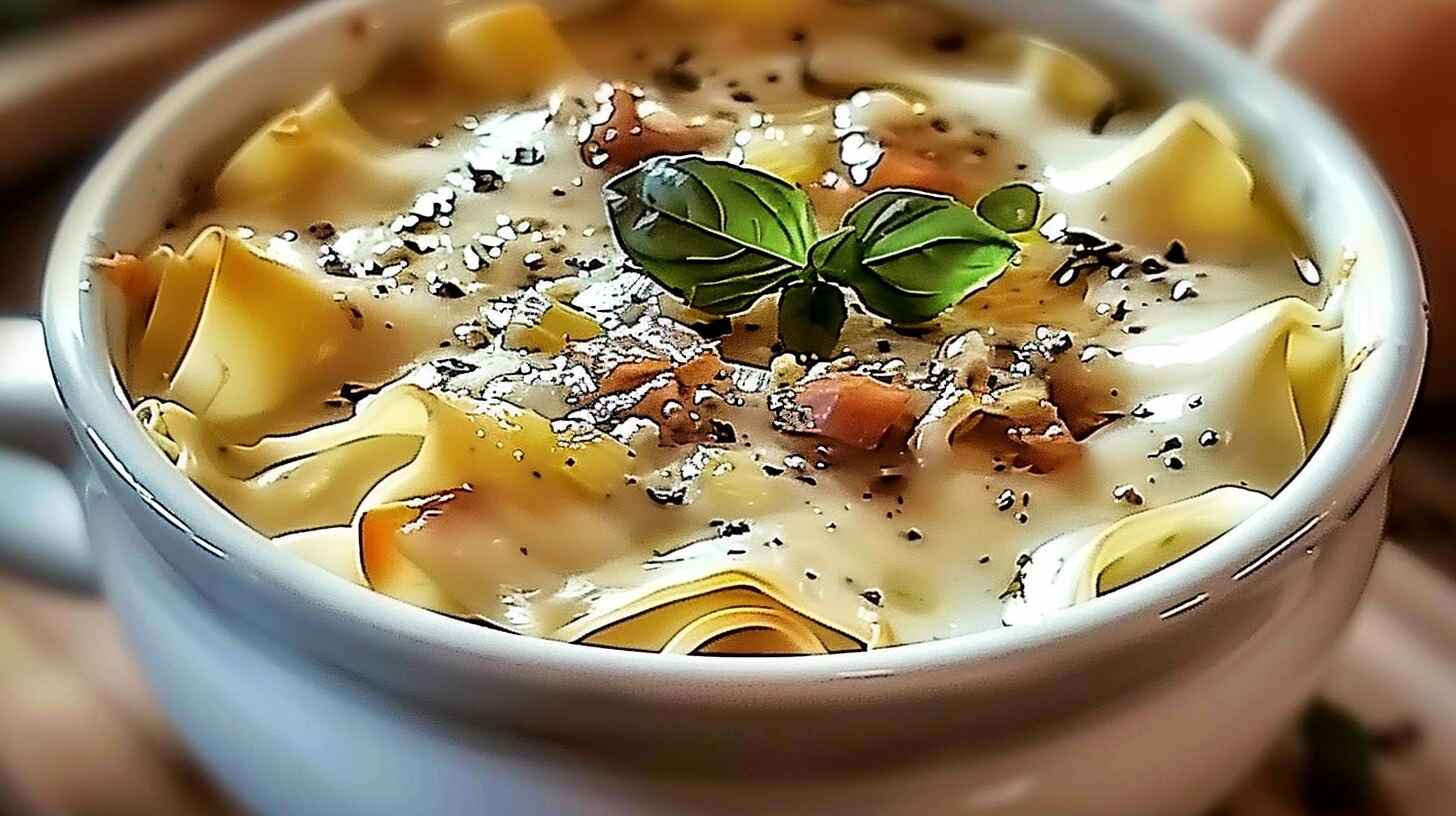 The Best Creamy Alfredo Lasagna Soup Recipe β Simple & Delicious! 13 A steaming bowl of creamy Alfredo lasagna soup garnished with fresh parsley and Parmesan.