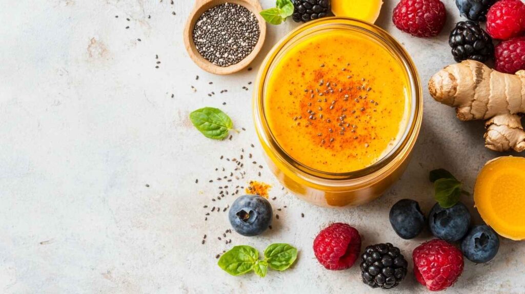 Delicious anti-inflammatory smoothie with berries, turmeric, ginger, and chia seeds on a white background.