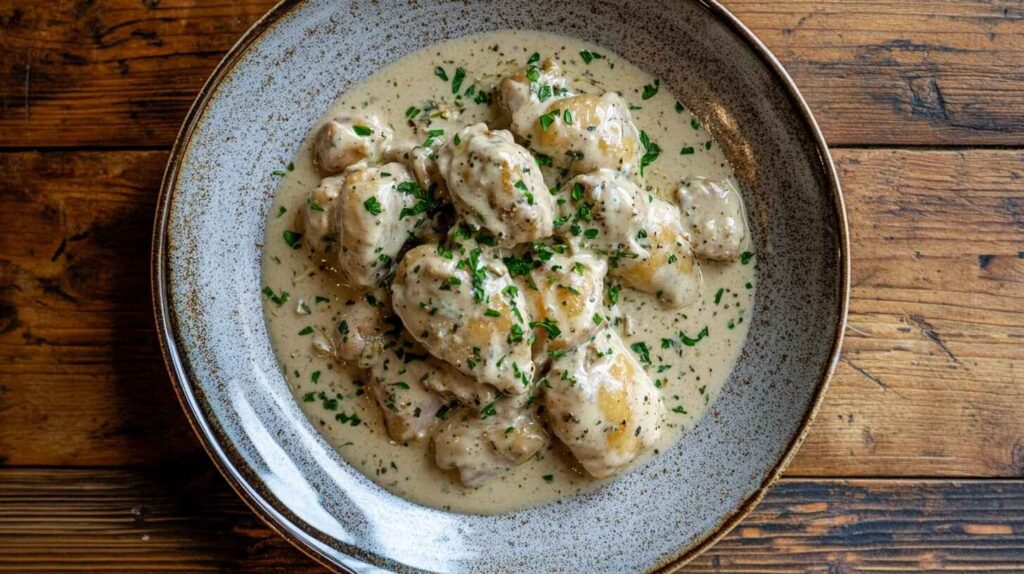 Creamy garlic chicken with fresh herbs on a wooden table