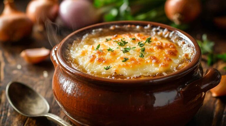 The Best Hobo Casserole Recipe With Ground Beef & Potatoes 19 A bowl of classic French Onion Soup with a golden cheese crust, served in a rustic setting.