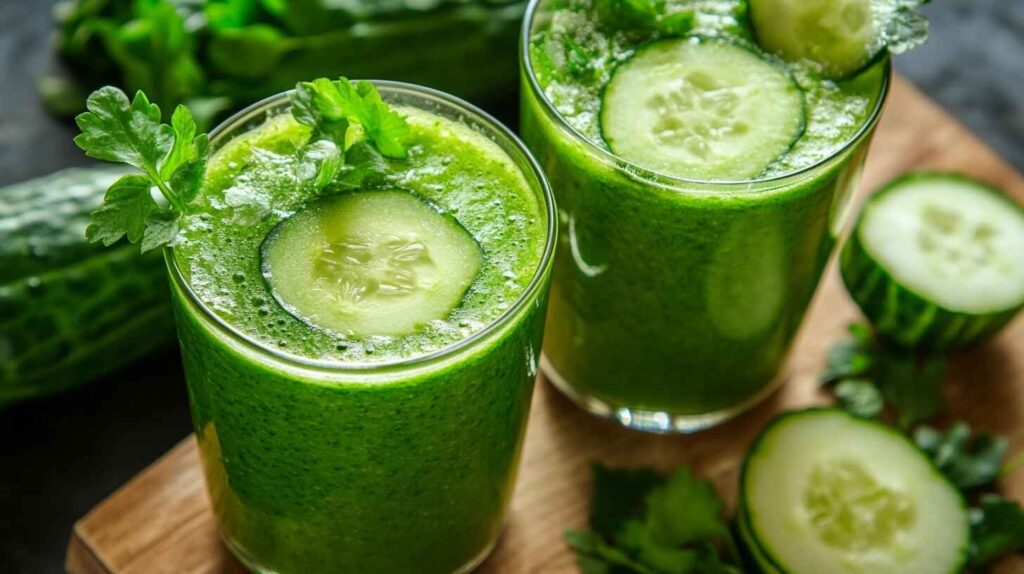Vibrant green detox juice in a glass with fresh herbs