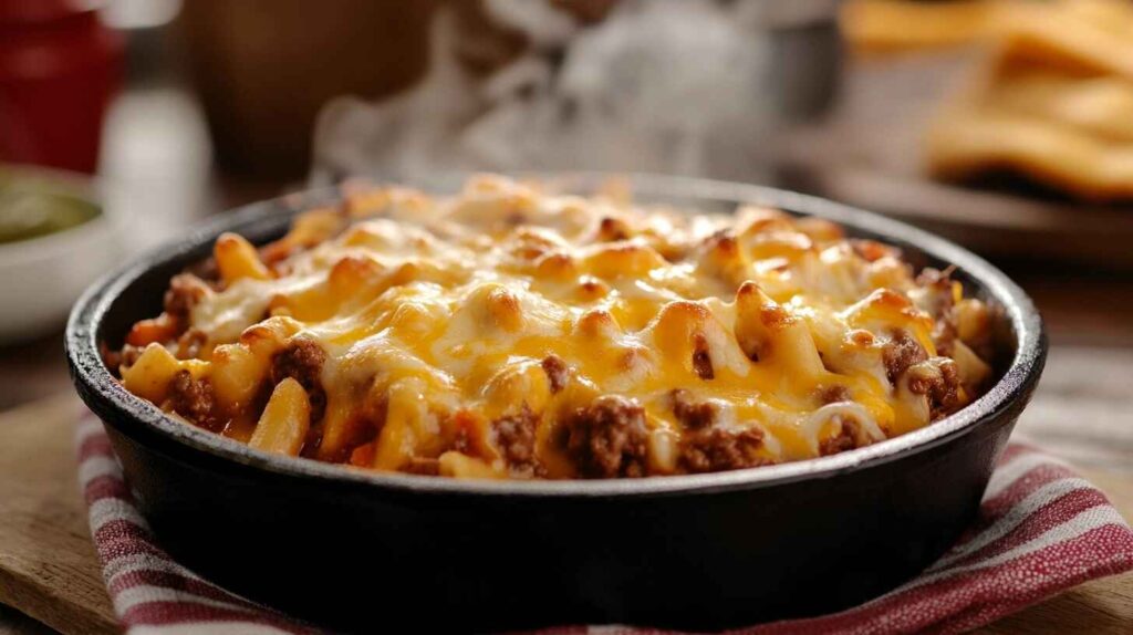 Cheesy hobo casserole with ground beef, potatoes, and melted cheddar, served in a cast-iron skillet.