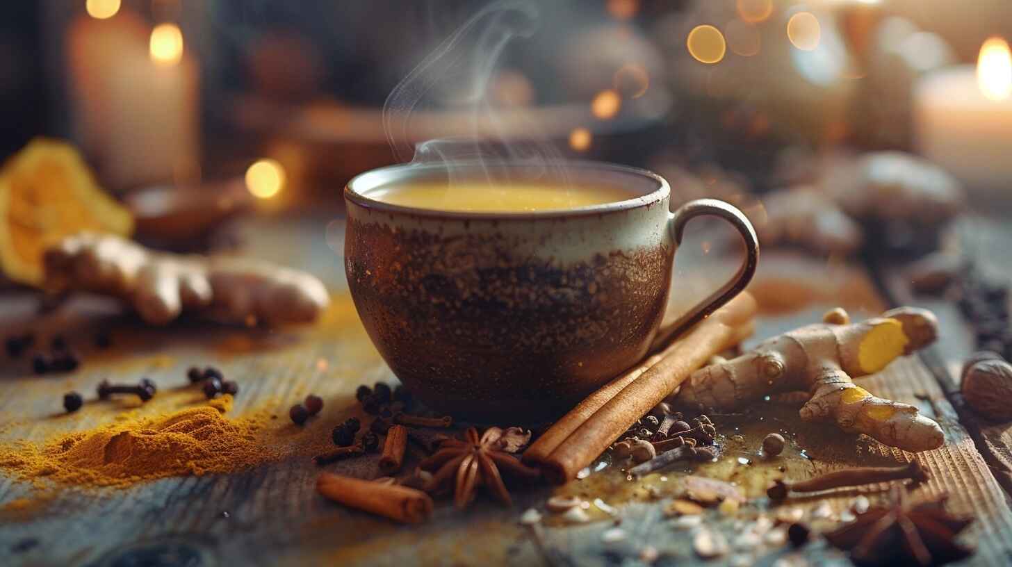 Turmeric Golden Milk For Weight Loss How To Make It & Why It Works! 12 A cup of steaming turmeric golden milk with fresh turmeric roots, cinnamon, and black pepper on a rustic wooden table.