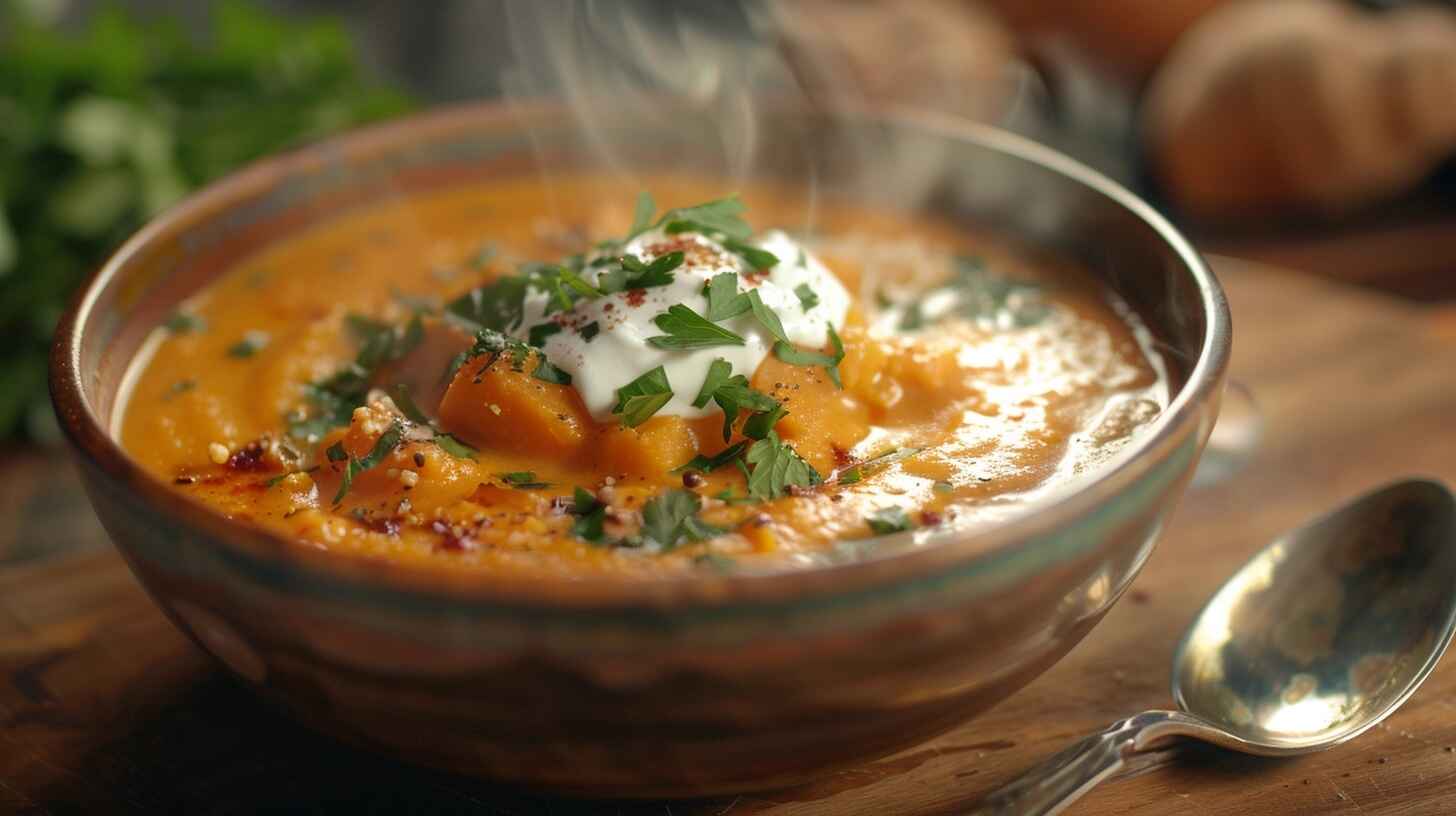 How To Make The Best Sweet Potato Soup With Greek Yogurt (Easy Recipe!) 12 A bowl of creamy sweet potato soup with a swirl of Greek yogurt, garnished with fresh herbs.