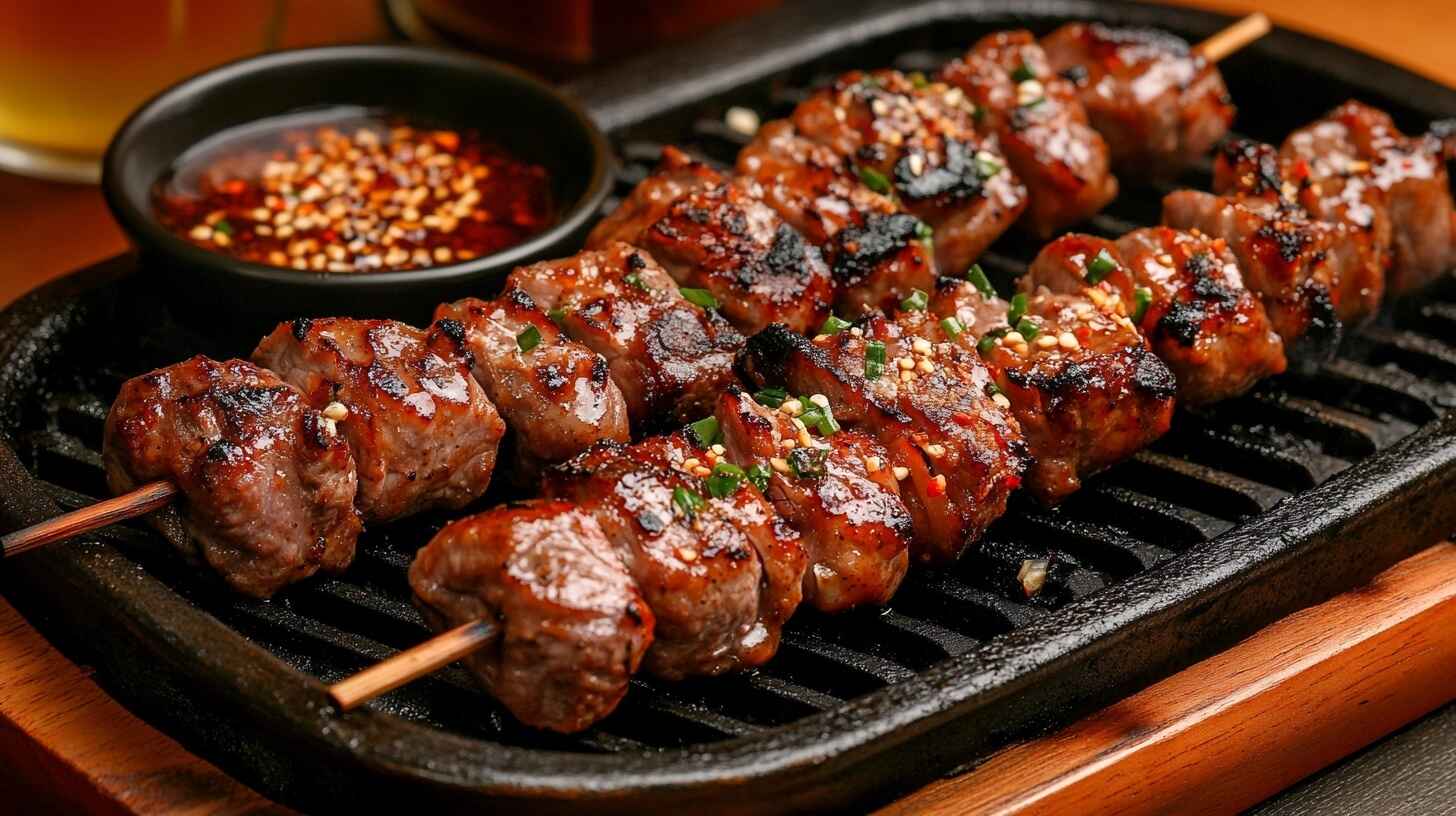 The Best Chinese Lamb Skewers Recipe 12 Chinese lamb skewers grilled over charcoal, served on a wooden board with spices and dipping sauce.