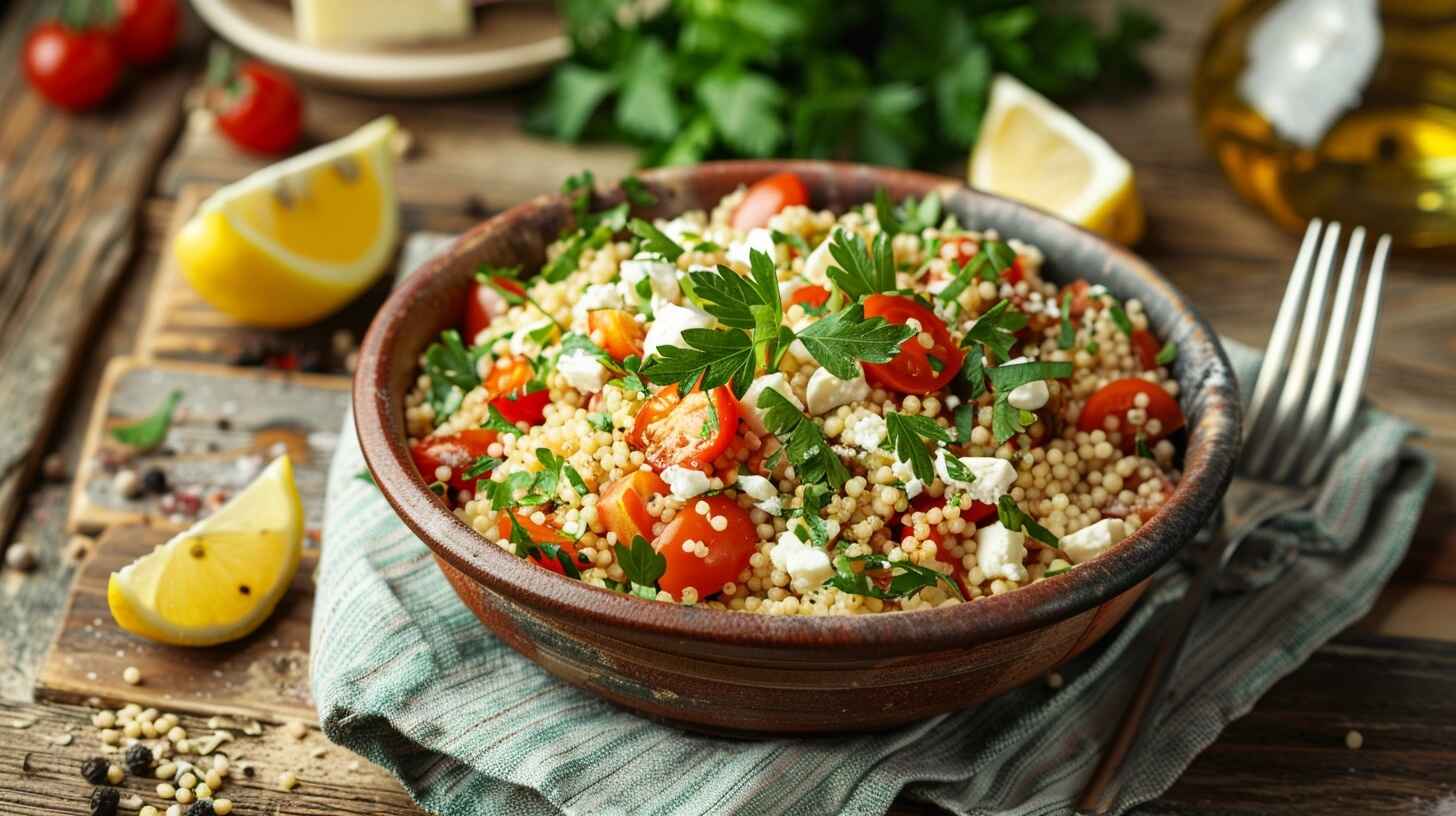 10 Reasons To Love Mediterranean Couscous Bowls + Easy Recipe 13 "A vibrant Mediterranean Couscous Bowl with fresh ingredients, served on a rustic table with herbs and lemon wedges."