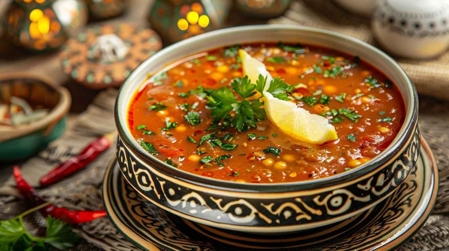 How to Make Authentic Vegetarian & Gluten-Free Harira for Ramadan 12 A beautifully presented bowl of Harira soup, garnished with parsley and lemon, placed on a Moroccan-style table with Ramadan lanterns.