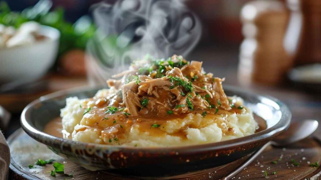 A steaming plate of shredded chicken gravy on mashed potatoes, garnished with fresh herbs, served in a rustic bowl.