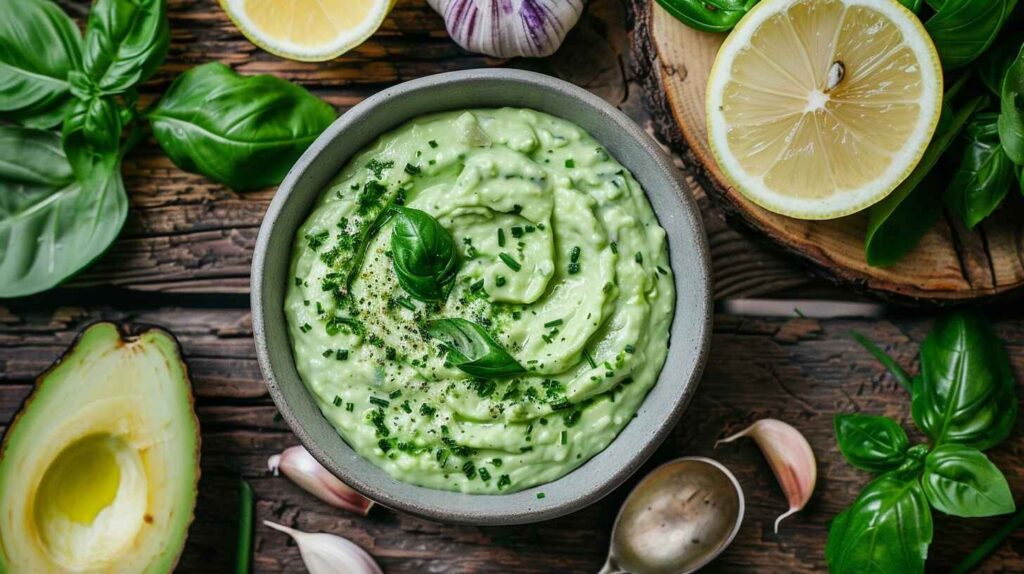 A bowl of homemade green goddess dressing with fresh herbs and lemon slices on a rustic wooden surface.