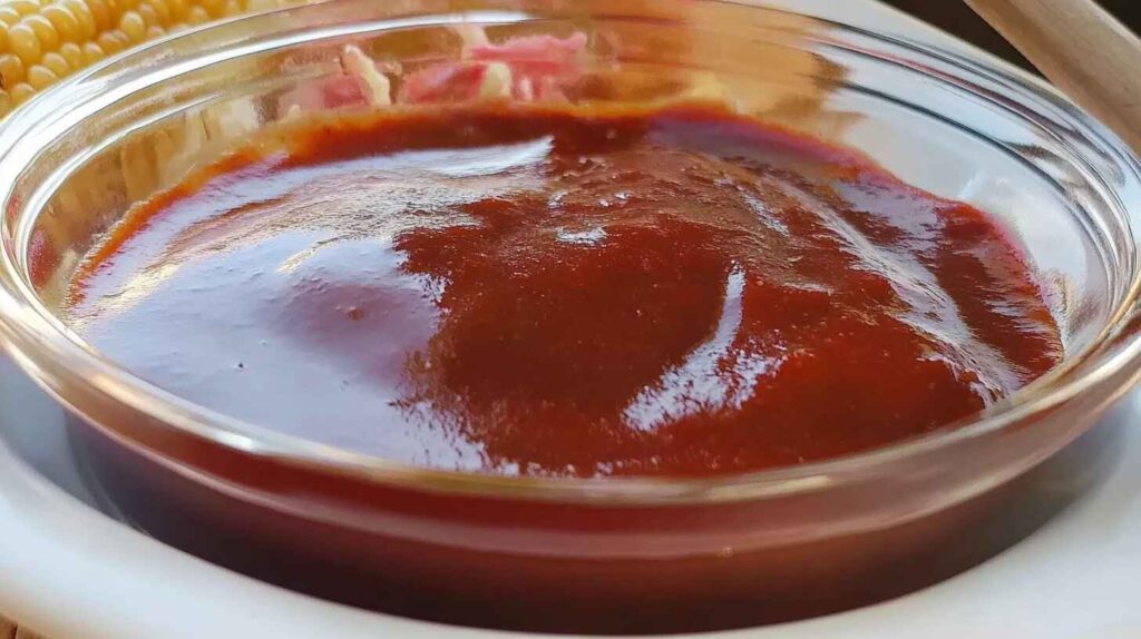 Delicious BBQ ribs glazed with thick, smoky Bar-B-Q sauce, served on a rustic wooden table with grill smoke in the background.