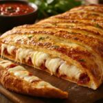 "Golden-brown Stromboli sliced open on a wooden table with marinara sauce and fresh basil."