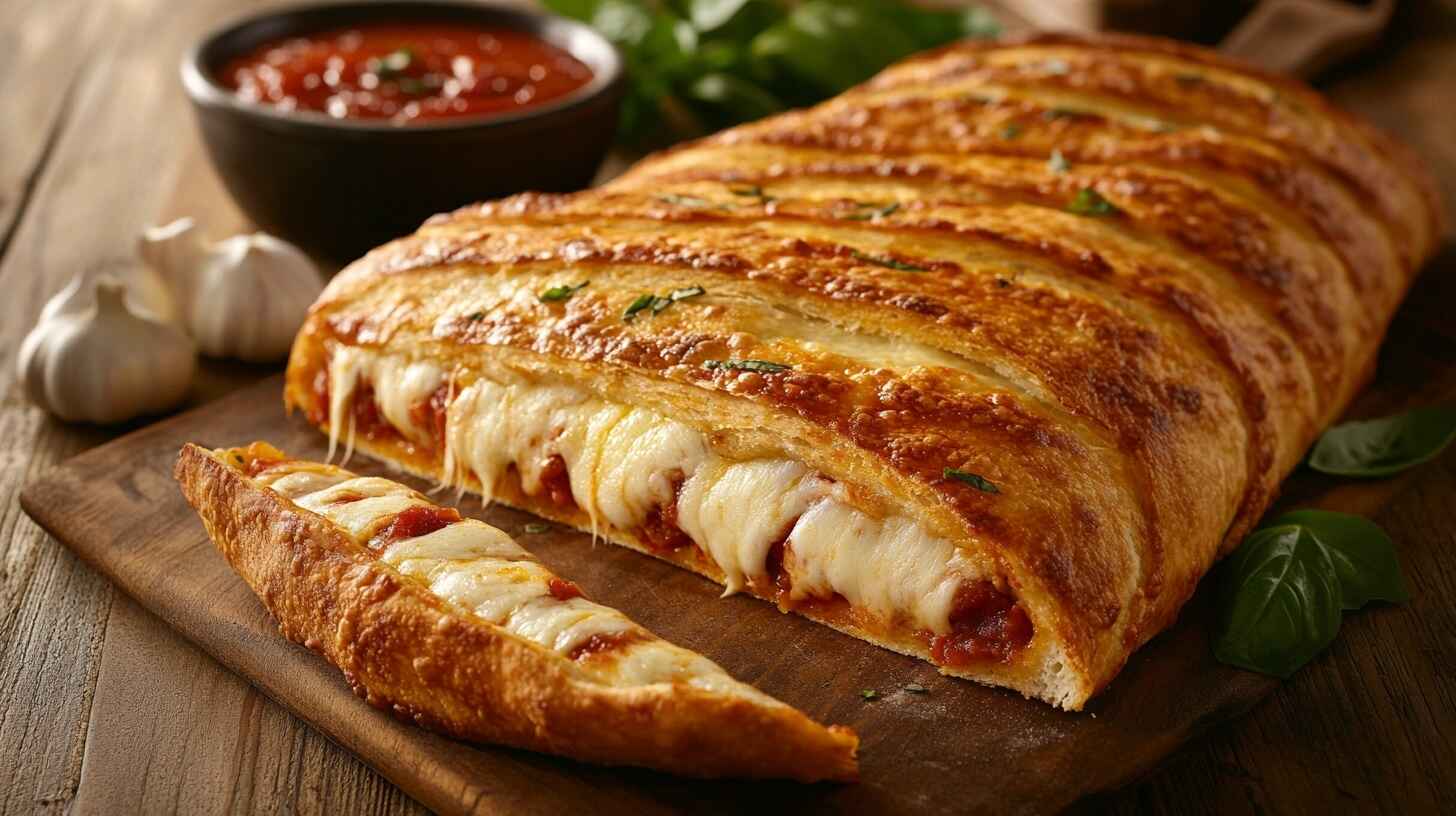 "Golden-brown Stromboli sliced open on a wooden table with marinara sauce and fresh basil."