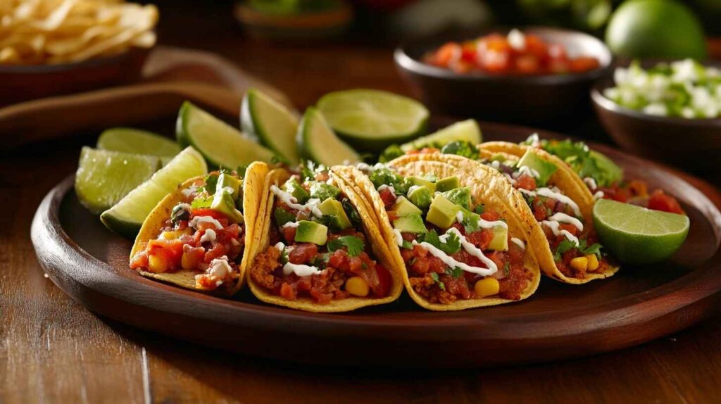 A plate of mouthwatering 5-minute tacos with fresh toppings, served on a rustic wooden board.