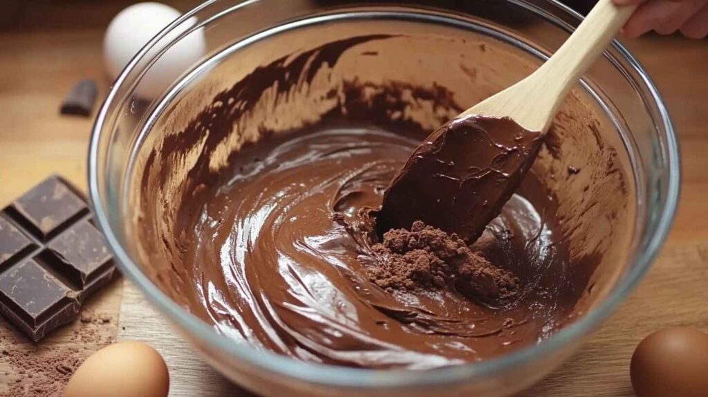 Triple Chocolate Cake How to Make the Perfect One 15 Baker mixing chocolate cake batter in a bowl with ingredients around
