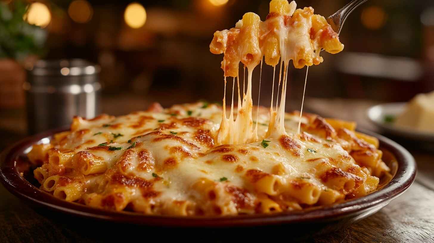 How To Make Five Cheese Ziti Al Forno – Just Like Olive Garden! 10 A delicious plate of Five Cheese Ziti Al Forno with a crispy, golden-baked cheese topping, served hot on a rustic table.