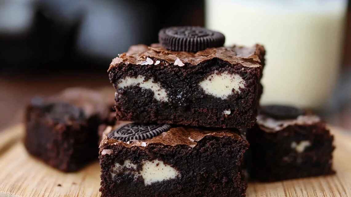 How to Bake Perfect Oreo Brownies with no Dairy 13 A stack of gooey dairy-free Oreo brownies on a wooden plate, topped with crushed Oreo pieces.