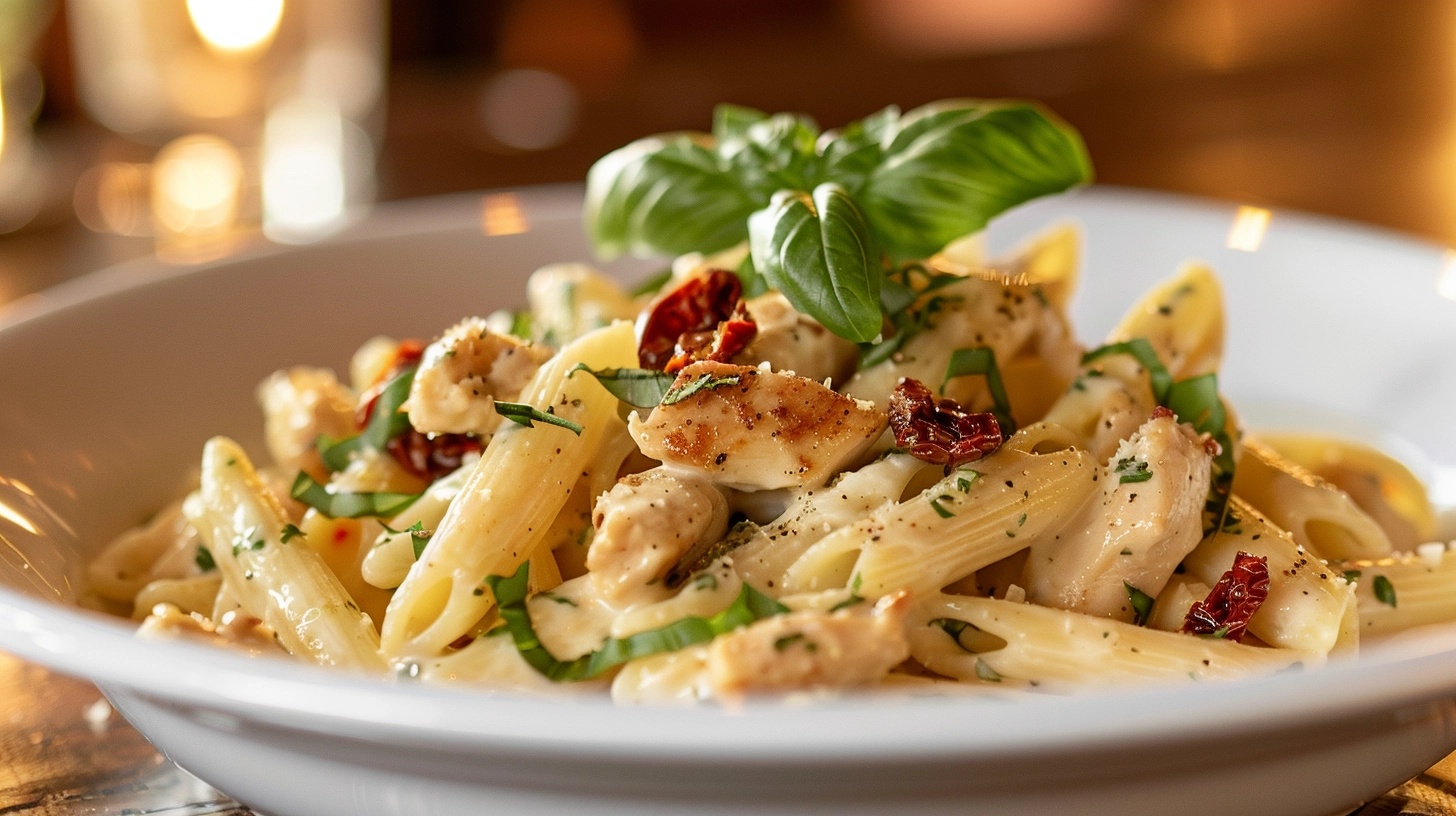 How to Make Marry Me Chicken Pasta: A Rich & Creamy Delight! 13 A creamy Marry Me Chicken Pasta dish garnished with fresh basil and Parmesan cheese, served in a white bowl.