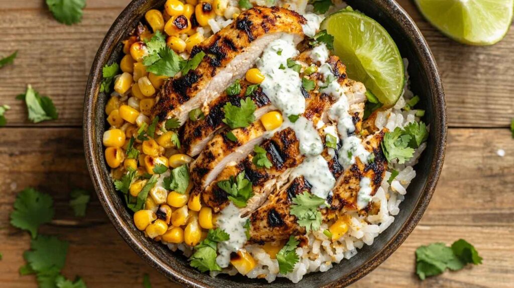 A top-down view of a vibrant Street Corn Chicken Rice Bowl with grilled chicken, charred corn, and creamy sauce, garnished with fresh cilantro and lime.