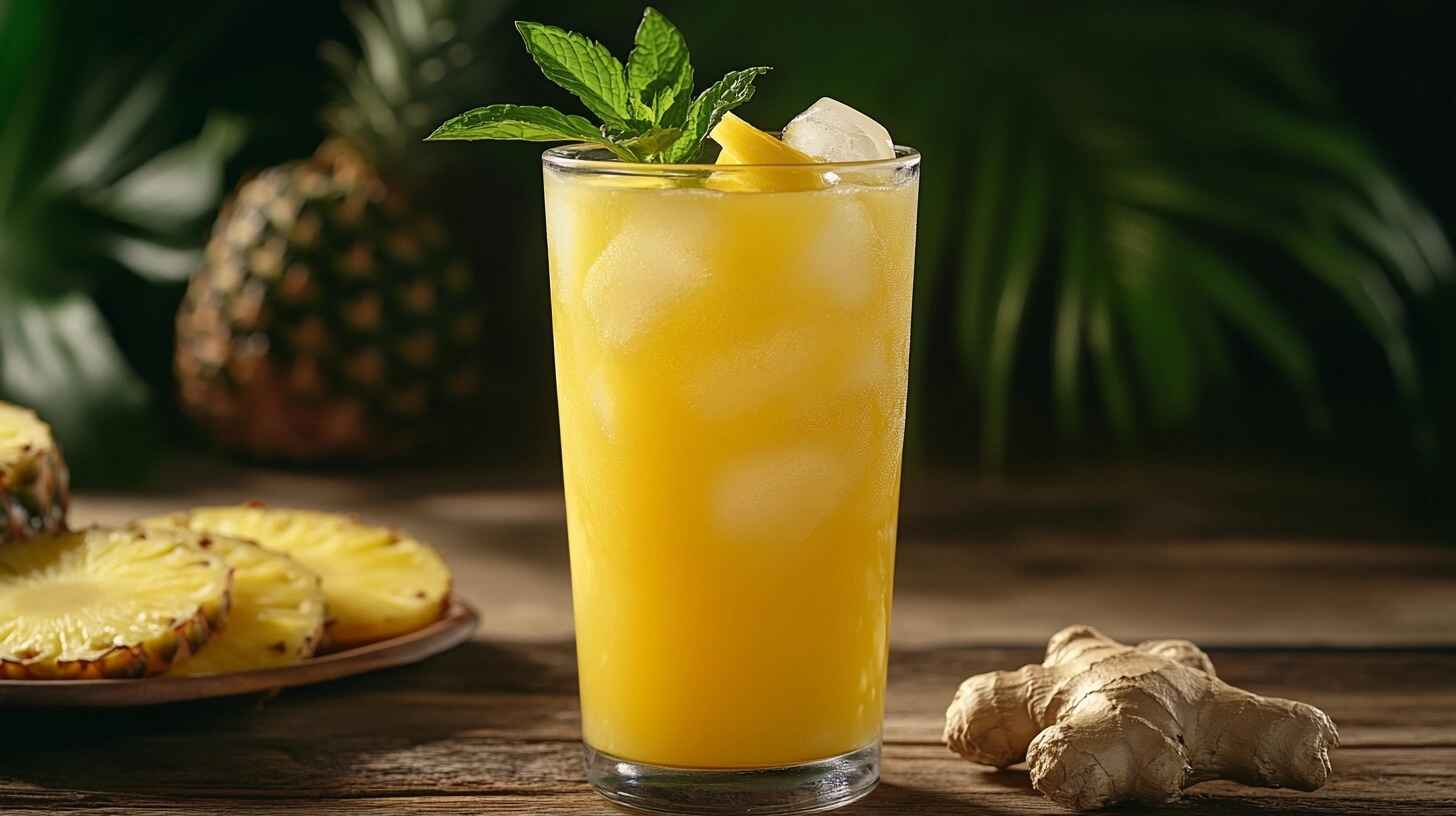 Boost Your Energy With Pineapple Ginger Detox Juice 15 Tall glass of pineapple ginger detox juice with pineapple slices and ginger on a wooden table.