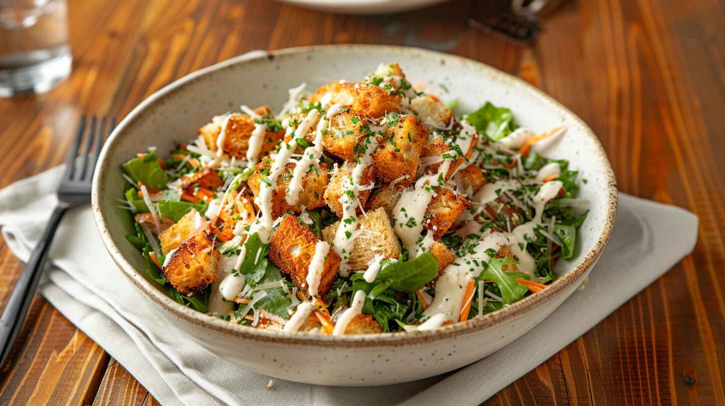 Garlic Crouton Caesar Salad: A Flavor-Packed Recipe You’ll Love! 12 Perfectly plated Caesar Salad with garlic croutons, creamy dressing, and shaved Parmesan on a rustic wooden table