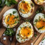 Perfectly cooked air fryer hard-boiled eggs sliced in half, revealing a rich yellow yolk on a wooden board with seasoning and parsley.