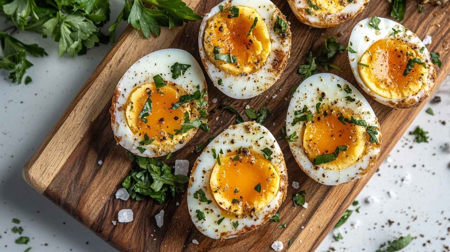 Hard-Boiled Eggs Made Easy – Try Your Air Fryer! 10 Perfectly cooked air fryer hard-boiled eggs sliced in half, revealing a rich yellow yolk on a wooden board with seasoning and parsley.