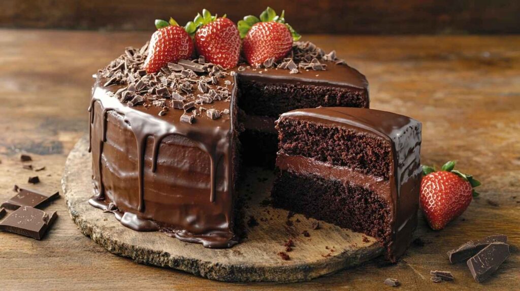 Triple Chocolate Cake with ganache drips and fresh strawberries on a wooden table.
