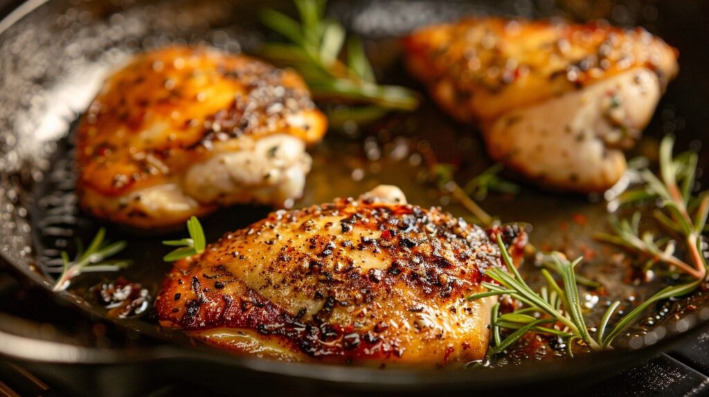 How to Make Marry Me Chicken Pasta: A Rich & Creamy Delight! 14 Chicken breasts sizzling in a skillet, creating a golden-brown crust, seasoned with garlic and Italian herbs.