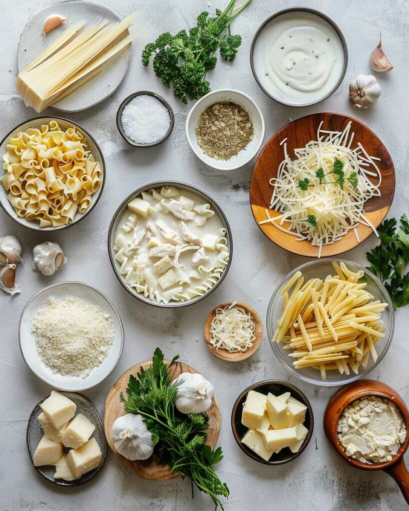 The Best Creamy Alfredo Lasagna Soup Recipe β Simple & Delicious! 14 Ingredients for making creamy Alfredo lasagna soup, including noodles, chicken, cheese, and spices.