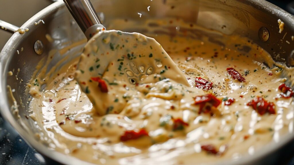 How to Make Marry Me Chicken Pasta: A Rich & Creamy Delight! 15 A velvety creamy sauce being stirred in a skillet, with sun-dried tomatoes and melted Parmesan cheese creating a rich texture.