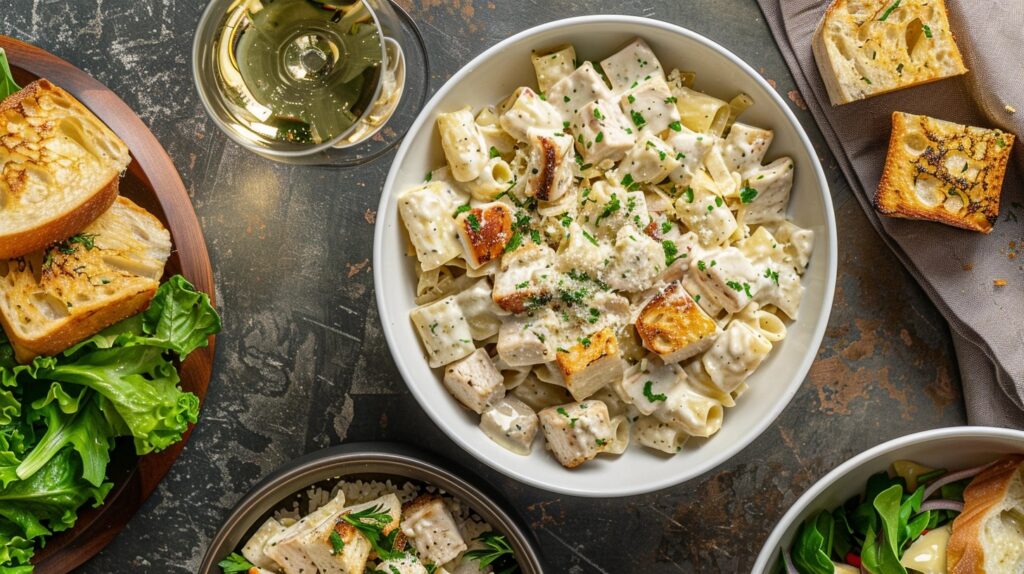 How to Make Marry Me Chicken Pasta: A Rich & Creamy Delight! 17 A dinner table with Marry Me Chicken Pasta, crispy garlic bread, and a glass of white wine, creating a perfect meal pairing.