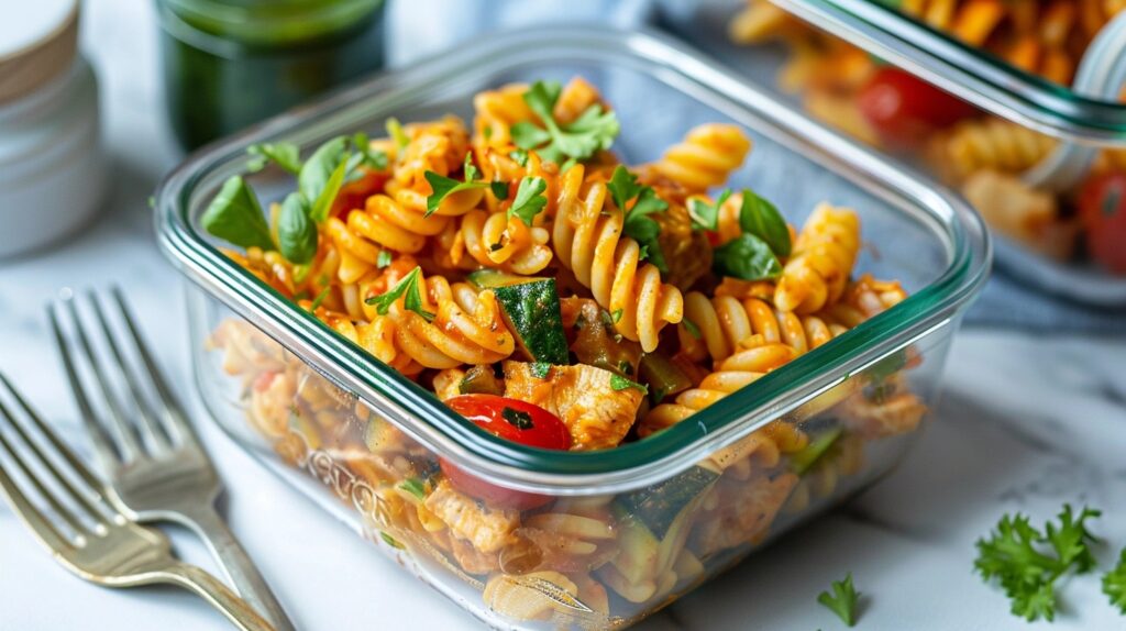 How to Make Marry Me Chicken Pasta: A Rich & Creamy Delight! 18 Leftover Marry Me Chicken Pasta stored in a glass container, ready for reheating.