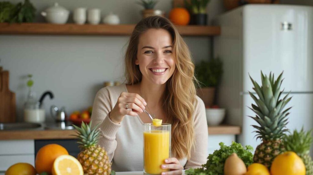 Boost Your Energy With Pineapple Ginger Detox Juice 18 A woman enjoying pineapple ginger detox juice with fresh produce in the background.