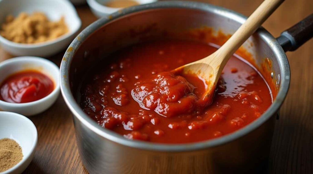 A saucepan filled with rich, homemade BBQ sauce being stirred with a wooden spoon, surrounded by key ingredients on a wooden countertop.