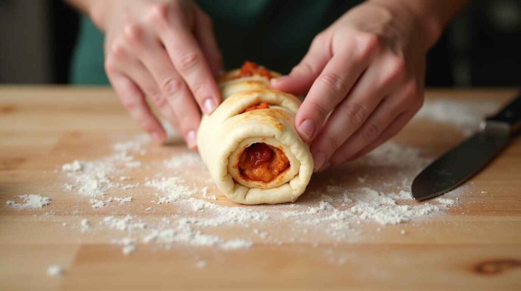 Hands rolling Stromboli dough into a tight log, securing the fillings inside