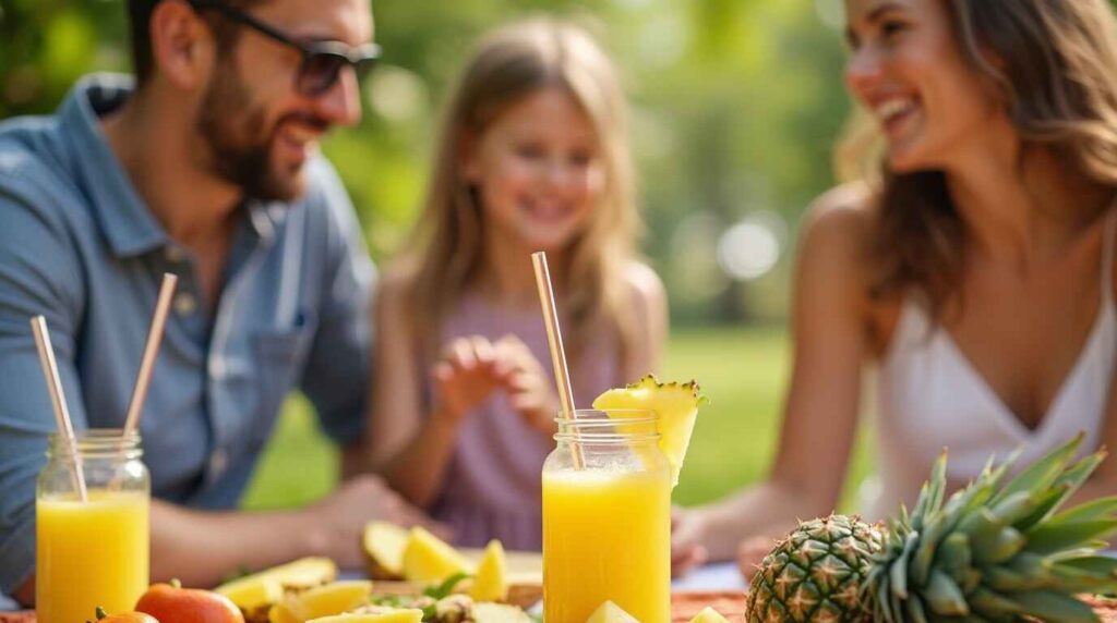 Boost Your Energy With Pineapple Ginger Detox Juice 22 A family enjoying pineapple ginger detox juice during a sunny outdoor picnic.