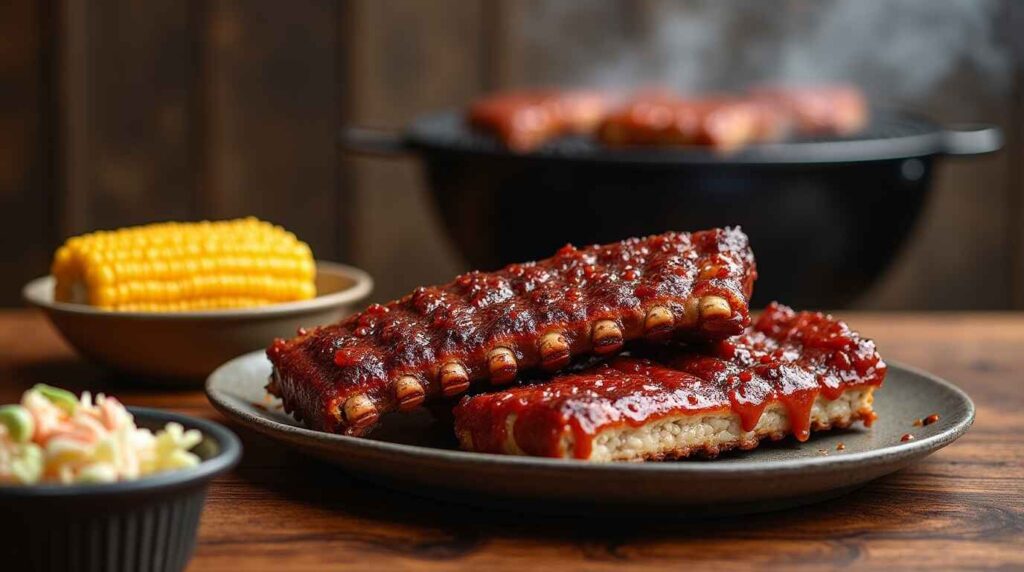 Grilled ribs being brushed with rich, smoky BBQ sauce, with visible grill marks and rising smoke for a mouthwatering finish.
