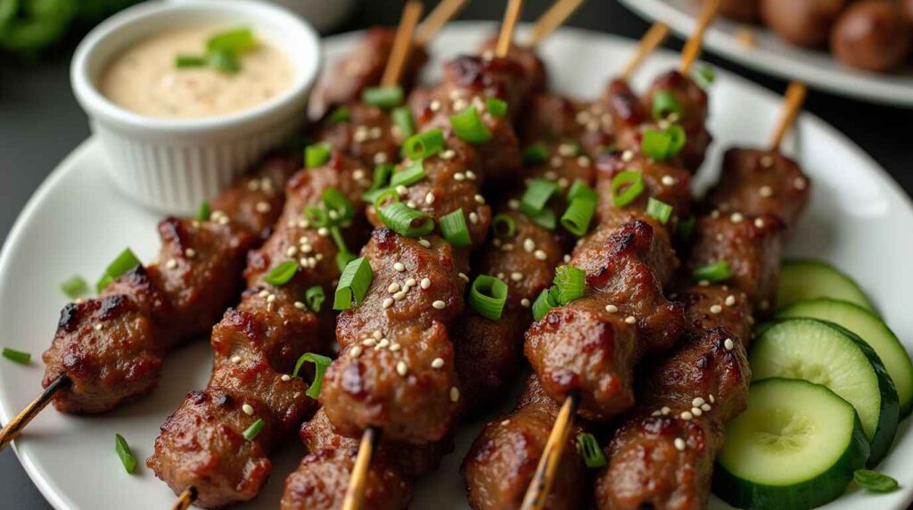 The Best Chinese Lamb Skewers Recipe 16 Grilled Chinese lamb skewers served with dipping sauce and cucumber salad.