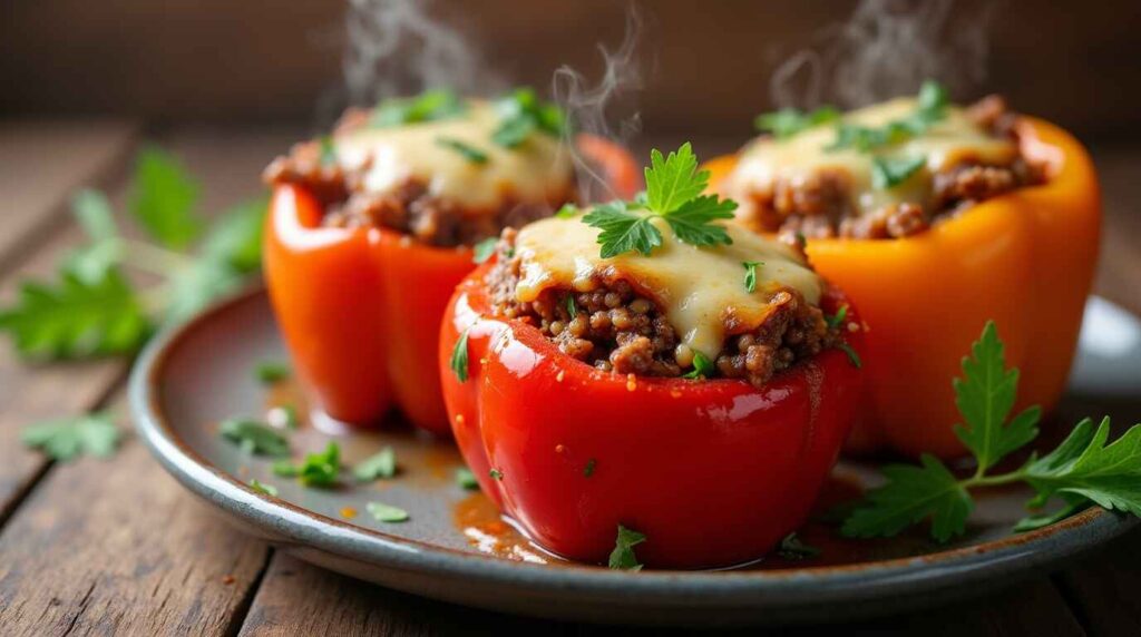 A Flavorful Journey The Ultimate Stuffed Bell Peppers Recipe And History 12 A beautifully plated dish of stuffed bell peppers garnished with fresh herbs and served with tomato sauce on a stylish ceramic plate.