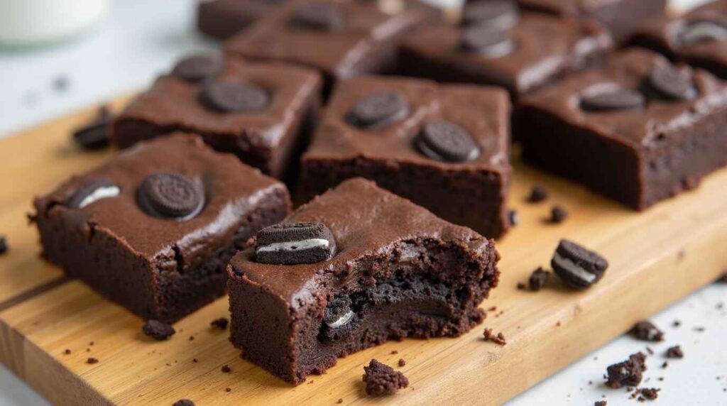 How to Bake Perfect Oreo Brownies with no Dairy 18 A wooden cutting board with neatly cut, fudgy Oreo brownies, one slightly pulled out.