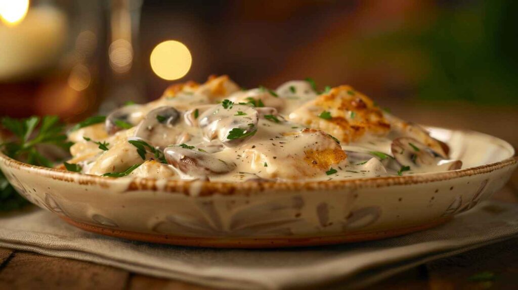 A delicious plate of creamy garlic mushroom chicken garnished with parsley.