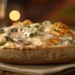 A delicious plate of creamy garlic mushroom chicken garnished with parsley.