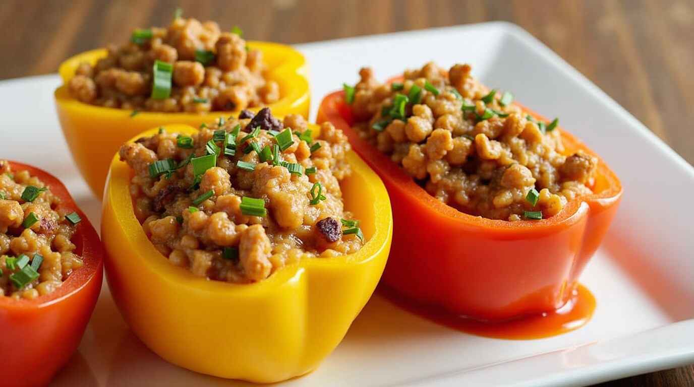 A Flavorful Journey The Ultimate Stuffed Bell Peppers Recipe And History 10 A beautifully styled plate of stuffed bell peppers on a rustic wooden table, garnished with fresh herbs and served with a side of tomato sauce.