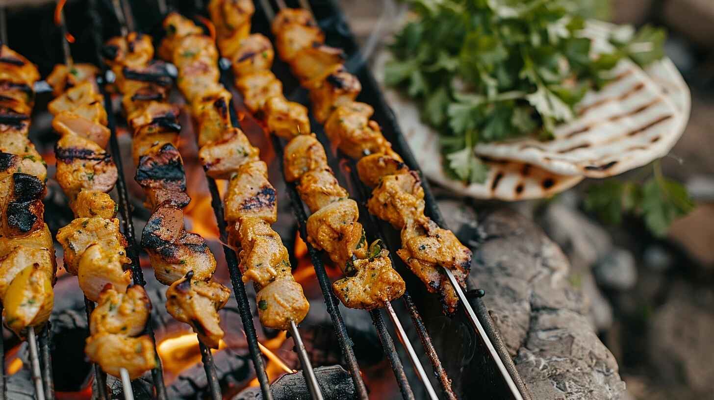 Lebanese Shish Tawook skewers grilled to perfection with garlic sauce and pita.