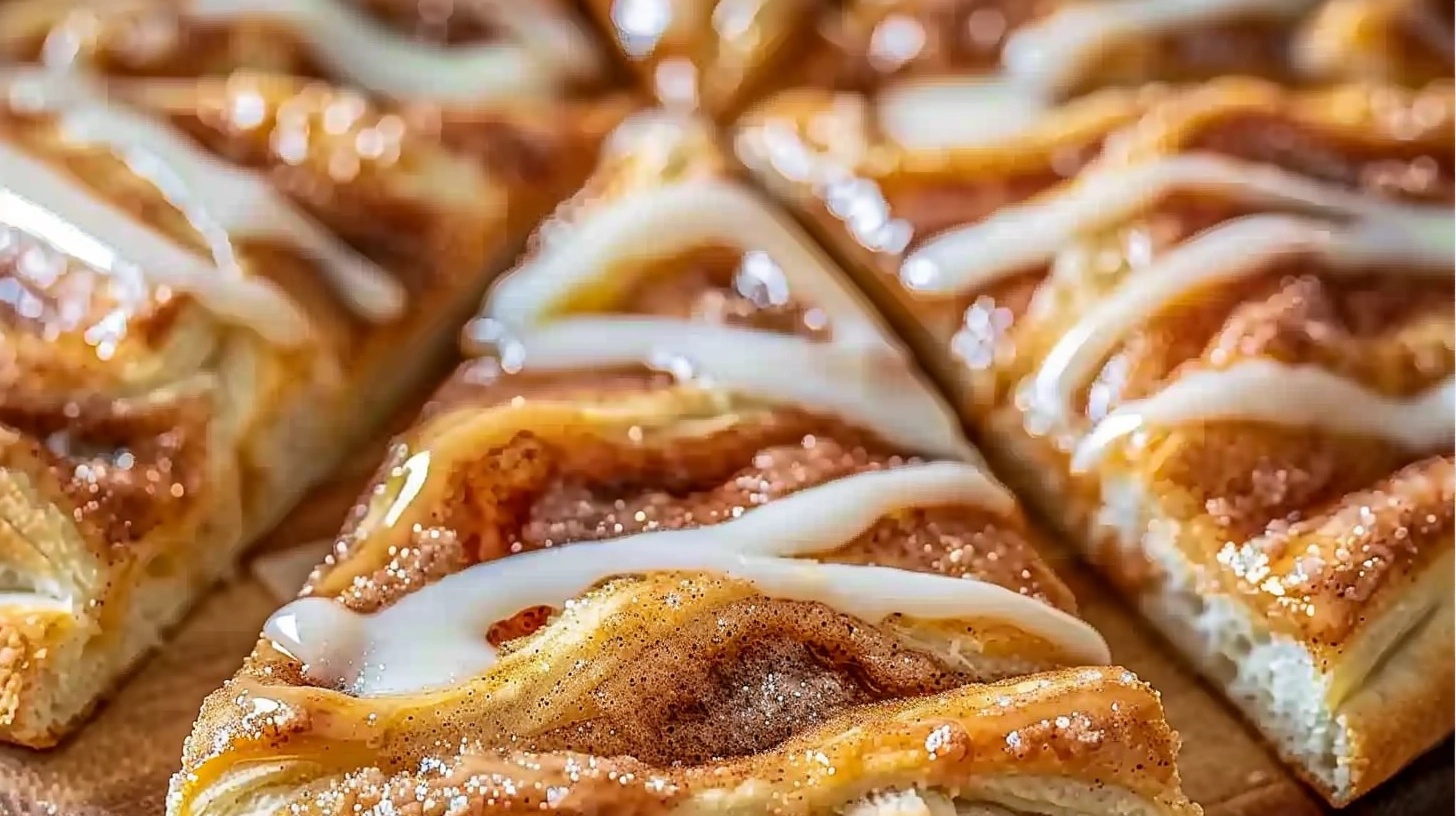 Cinnamon-Sugar Pizza Made with Crescent Rolls 1 Golden-baked cinnamon-sugar pizza made with crescent rolls, sliced into squares and drizzled with icing on a wooden board