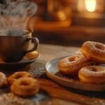 A plate of homemade old-fashioned cake donuts, some glazed, others dusted with cinnamon sugar, next to a cup of hot coffee.
