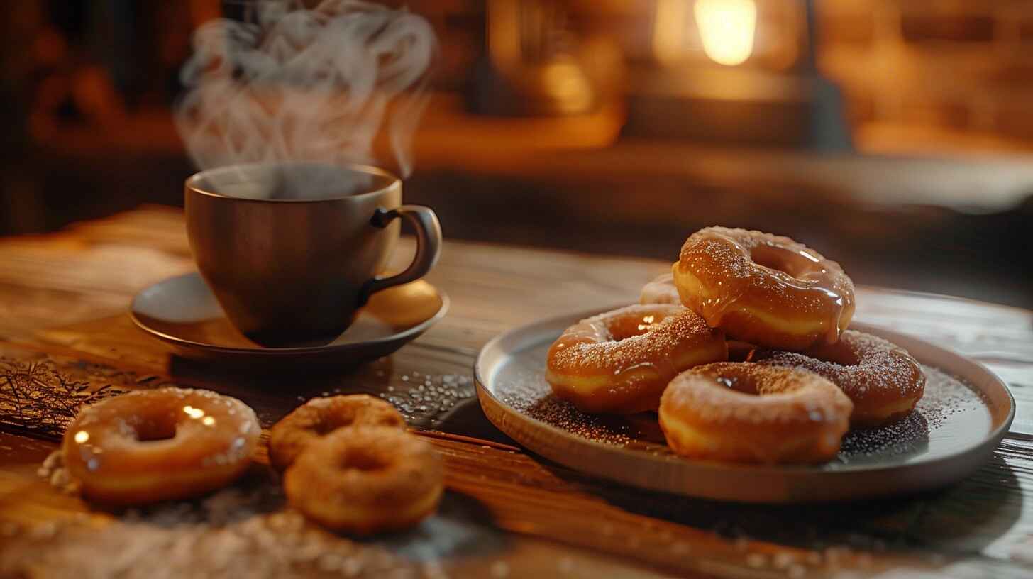 A plate of homemade old-fashioned cake donuts, some glazed, others dusted with cinnamon sugar, next to a cup of hot coffee.